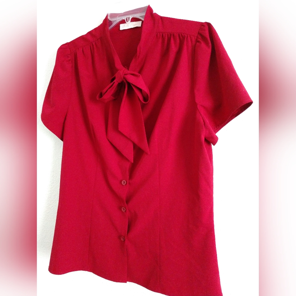 Pretty Belle Poque Secretary Blouse Dark Red Tie Neck Short Sleeve JUNIORSLARGE